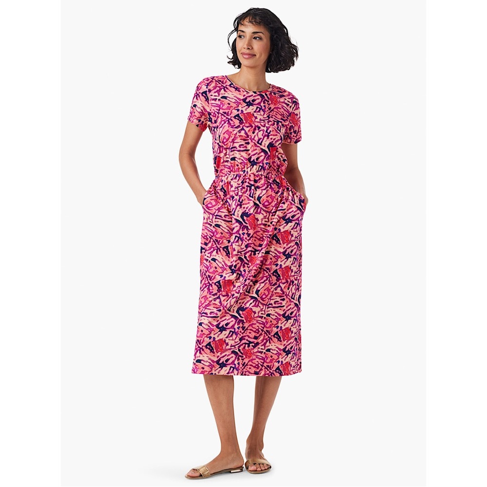 Nic+Zoe BLURRED FLORAL SHORT SLEEVE SIDE SLIT MIDI DRESS pink‎ SMALL